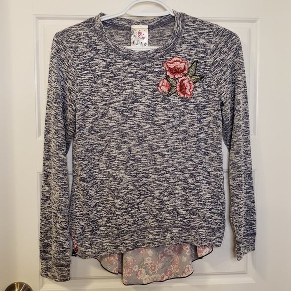 Jenna & Jessie Girl's Grey Blue Shirt Burgundy Pink Embroidery Roses-Size L (14) - Picture 10 of 10